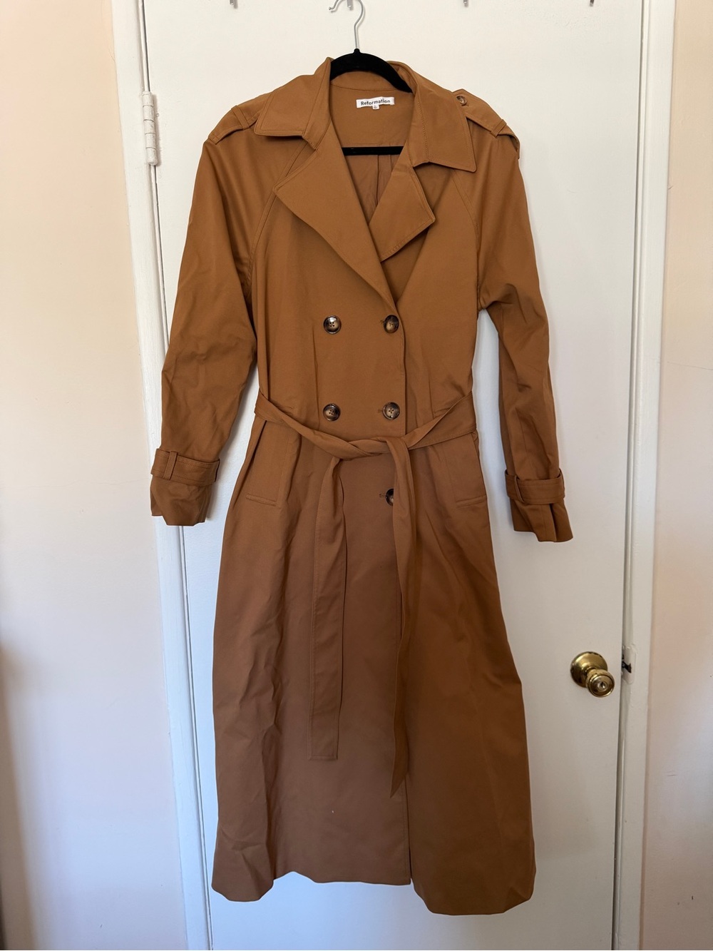 Reformation Classic Double-Breasted Trench Coat in Camel